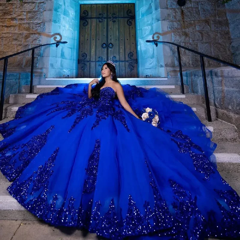 Blue Ball Gown Quinceanera Dress Long Train Ruffle Princess Tulle Birthday Party Sweet 16 Dress Blue Ball Gown Quinceanera Dress Long Train Ruffle Princess Tulle Birthday Party Sweet 16 Dress