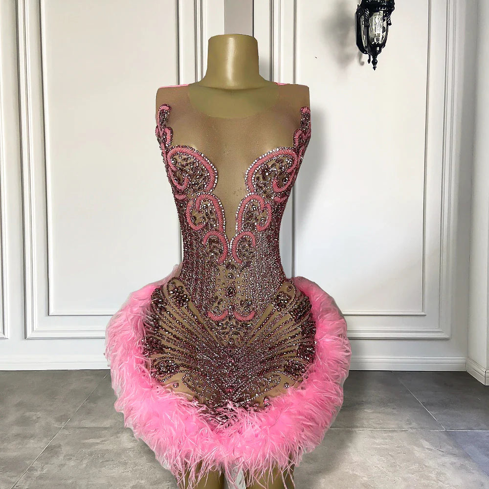 Real Sample Luxury Sheer Sexy See Through Birthday Party Gowns Sparkly Diamond Pink Feather Black Girls Short Prom Dresses Real Sample Luxury Sheer Sexy See Through Birthday Party Gowns Sparkly Diamond Pink Feather Black Girls Short Prom Dresses