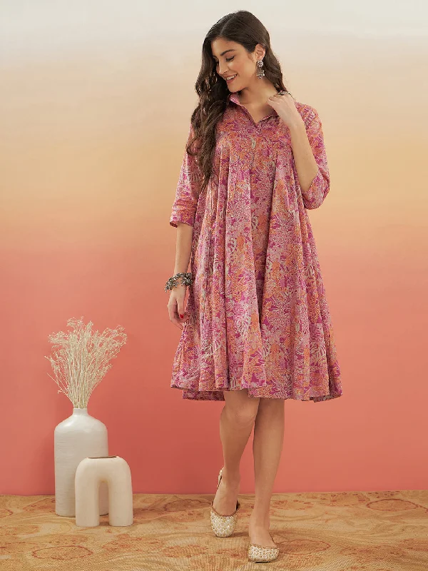 InWeave Women's Pink Coral Floral Print Flared Dress