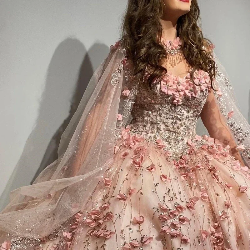 Luxury Pink Sweet 16 15 Dresses Quinceanera Gown 3D Floral Applique Crystal With Cape Ball Skirt Women Occasion Party Prom Dress Luxury Pink Sweet 16 15 Dresses Quinceanera Gown 3D Floral Applique Crystal With Cape Ball Skirt Women Occasion Party Prom Dress