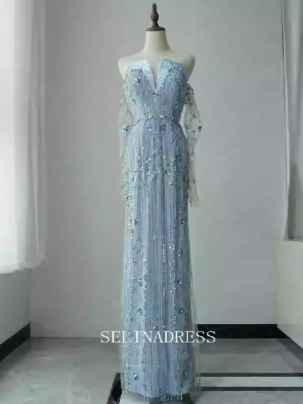 Chic Strapless V Neck Long Sleeve Beaded Prom Dresses Elegant Evening Dress TKL3089