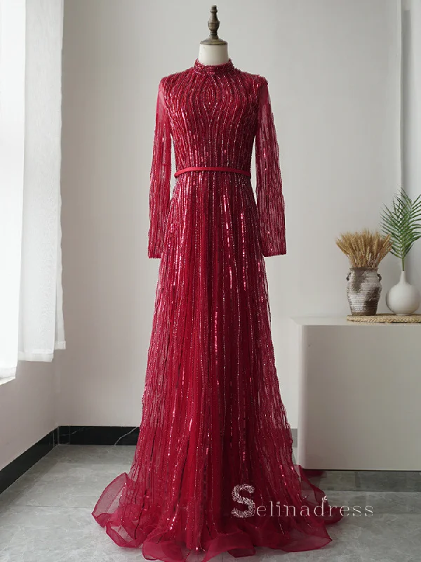 A-line High Neck Long Sleeve Beaded Long Prom Dress luxurious Burgundy Evening Gowns ASB005 A-line High Neck Long Sleeve Beaded Long Prom Dress luxurious Burgundy Evening Gowns ASB005