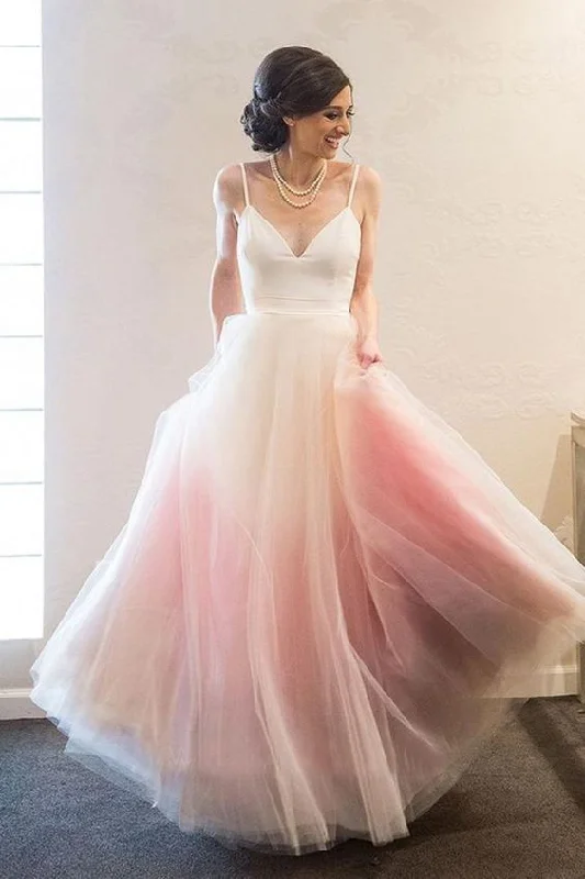 Fashion Spaghetti Strap Pink Ombre Tulle Elegant Long Prom Dress C1224