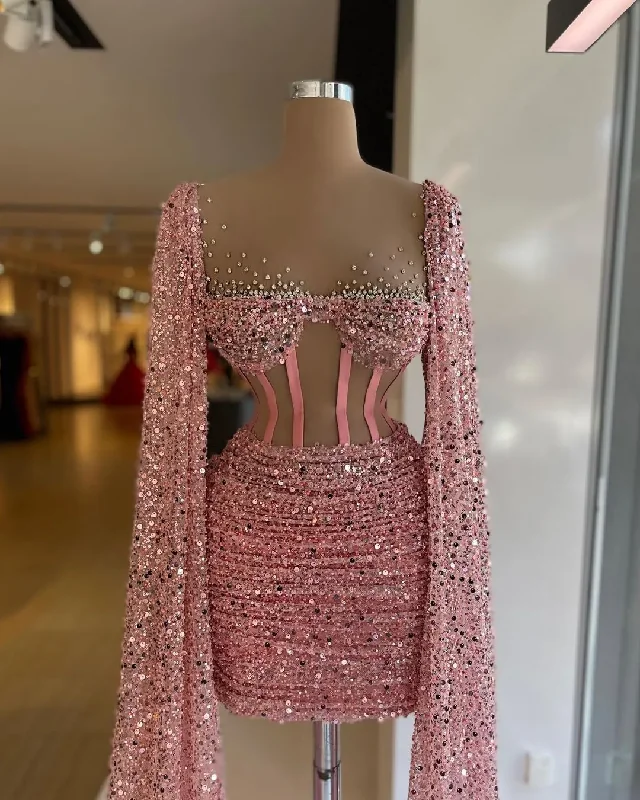 Gorgeous Pink Cocktail Dresses With Cape Corset Top Sequined Pleat Short Prom Gowns Sheer Neck Beaded vestido de fiesta de boda Gorgeous Pink Cocktail Dresses With Cape Corset Top Sequined Pleat Short Prom Gowns Sheer Neck Beaded vestido de fiesta de boda