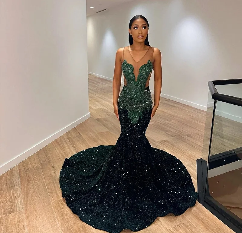 Dark Green Crystal Beading Sequin Prom Dresses 2024 Luxury Gowns Mermaid Dress For Party Wedding Evening Backless Formal Gowns Dark Green Crystal Beading Sequin Prom Dresses 2024 Luxury Gowns Mermaid Dress For Party Wedding Evening Backless Formal Gowns