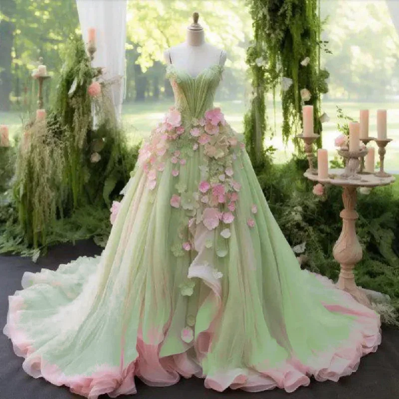 Fairy Green & Pink Evening Dress Sweetheart Layered Tulle Dress Bicolor Applique Floral Dresses Custom Made Dream Dress Pretty Fairy Green & Pink Evening Dress Sweetheart Layered Tulle Dress Bicolor Applique Floral Dresses Custom Made Dream Dress Pretty