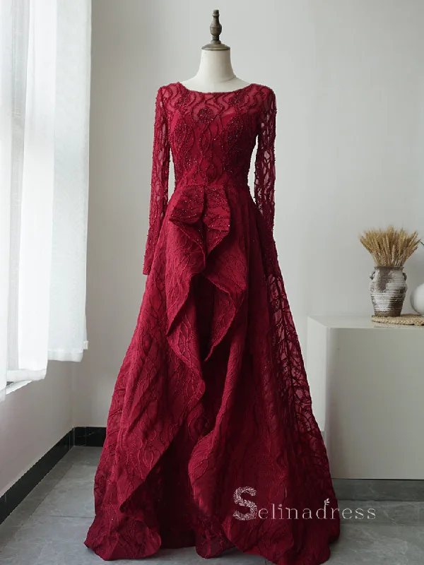 A-line Scoop Long Sleeve Elegant Long Prom Dress luxurious Burgundy Evening Gowns ASB008 A-line Scoop Long Sleeve Elegant Long Prom Dress luxurious Burgundy Evening Gowns ASB008
