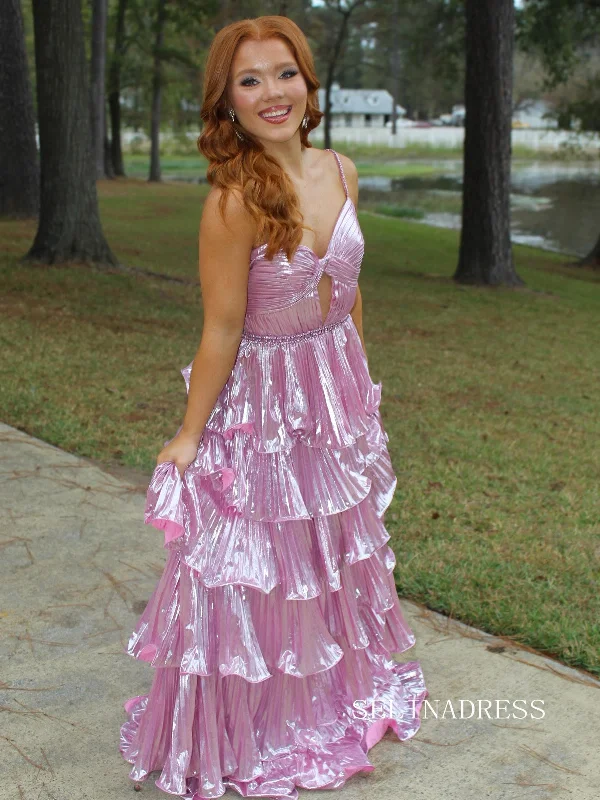 Elegant Spaghetti Straps Pink Prom Dress With Ruffles Cheap Evening Dress SER635