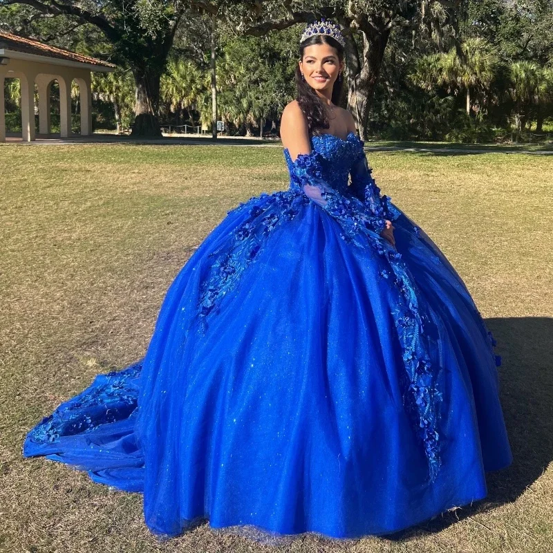 Blue Shiny Ball Gown Prom Dress Quinceanera Dress Sweetheart Beaded 3DFlowers Applique Lace Long Sleeved Formal Dresses vestidos Blue Shiny Ball Gown Prom Dress Quinceanera Dress Sweetheart Beaded 3DFlowers Applique Lace Long Sleeved Formal Dresses vestidos