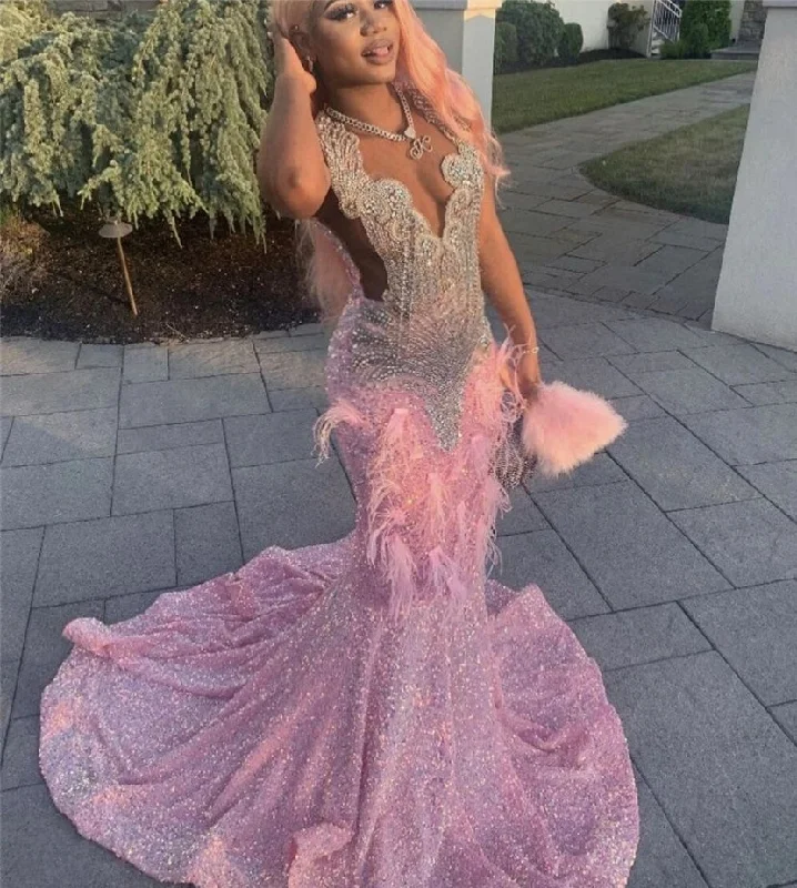 Rose Pink Feathers Rhinestone Sequin Black Girl Prom Dresses Mermaid Elegant Dress For Wedding Party See Through Sexy African Rose Pink Feathers Rhinestone Sequin Black Girl Prom Dresses Mermaid Elegant Dress For Wedding Party See Through Sexy African