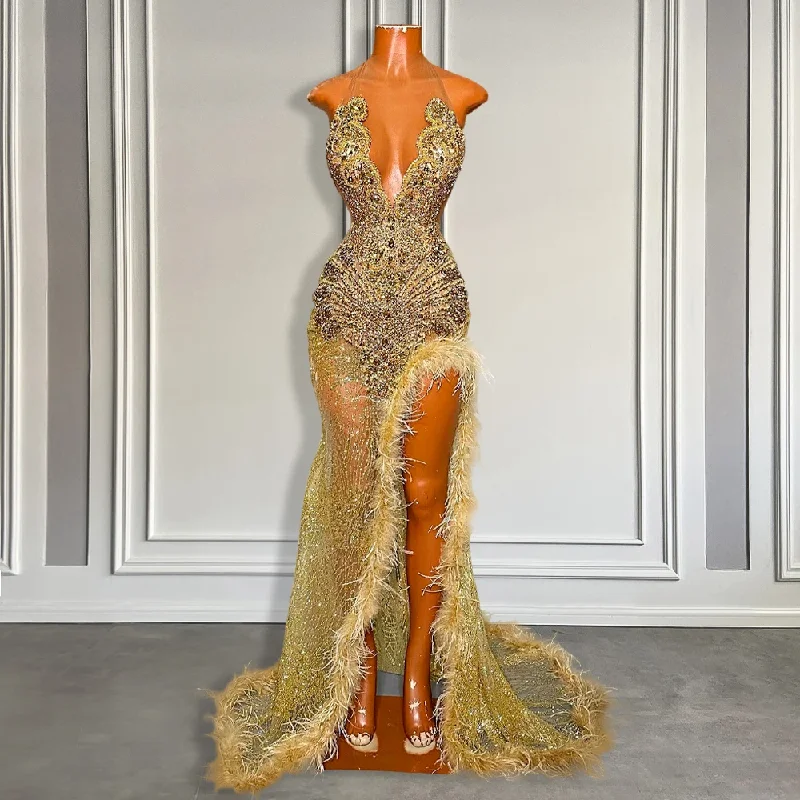 Sexy Golden Sequins Mermaid Prom Dress Feather High Slit Black Girls Prom Gowns Long Beaded Prom Formal Dresses Sexy Golden Sequins Mermaid Prom Dress Feather High Slit Black Girls Prom Gowns Long Beaded Prom Formal Dresses
