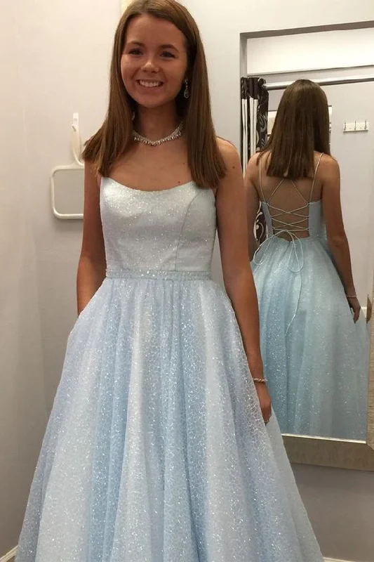 glitter light blue tulle long formal dress with double straps a-line long prom dress C951 glitter light blue tulle long formal dress with double straps a-line long prom dress C951