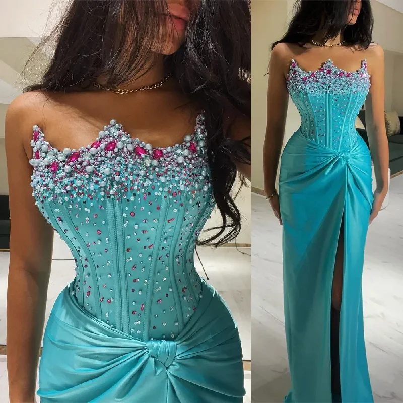 Luxury Crystal Mermaid Evening Dresses Sparkle Satin Crown Beaded Formal Party Prom Dresses Occasion vestidos de noche Luxury Crystal Mermaid Evening Dresses Sparkle Satin Crown Beaded Formal Party Prom Dresses Occasion vestidos de noche