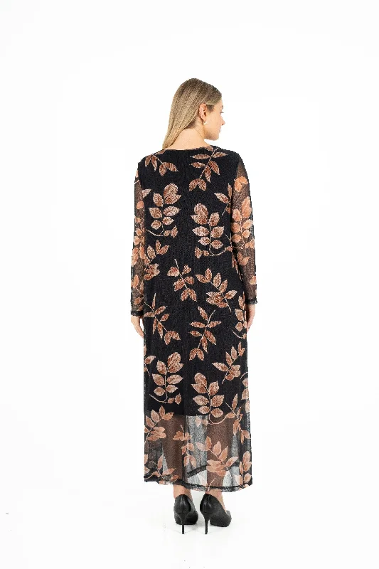 Printed V-Neck Dress With Sheer Long Sleeves — Black Branches