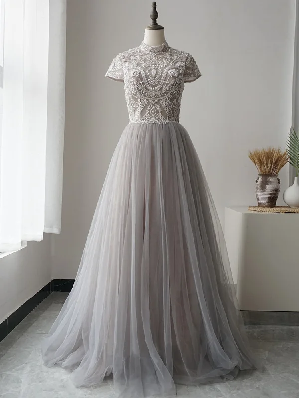 A-line High Neck Short Sleeve Elegant Prom Dress Gray Luxury Long Evening Gowns ASB012 A-line High Neck Short Sleeve Elegant Prom Dress Gray Luxury Long Evening Gowns ASB012