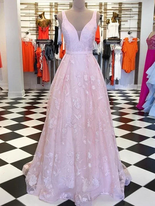 Chic A-line V neck Pink Long Prom Dresses Lace Evening Dress KPS25247