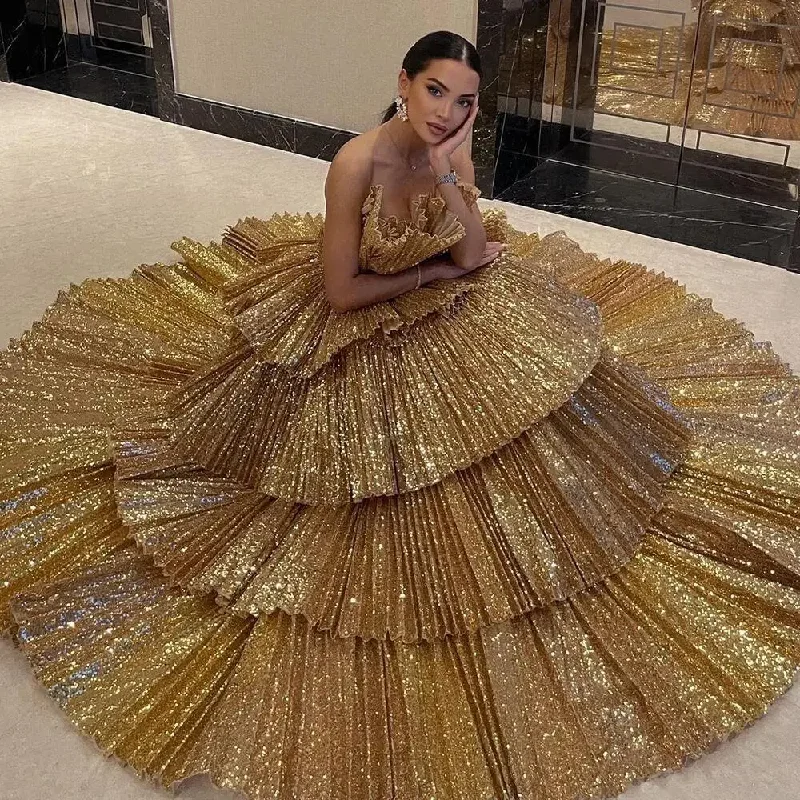 Gold A-Line Strapless Ruffles Evening Dresses Luxury Gowns For Women Party Couture فساتين سهره فاخره