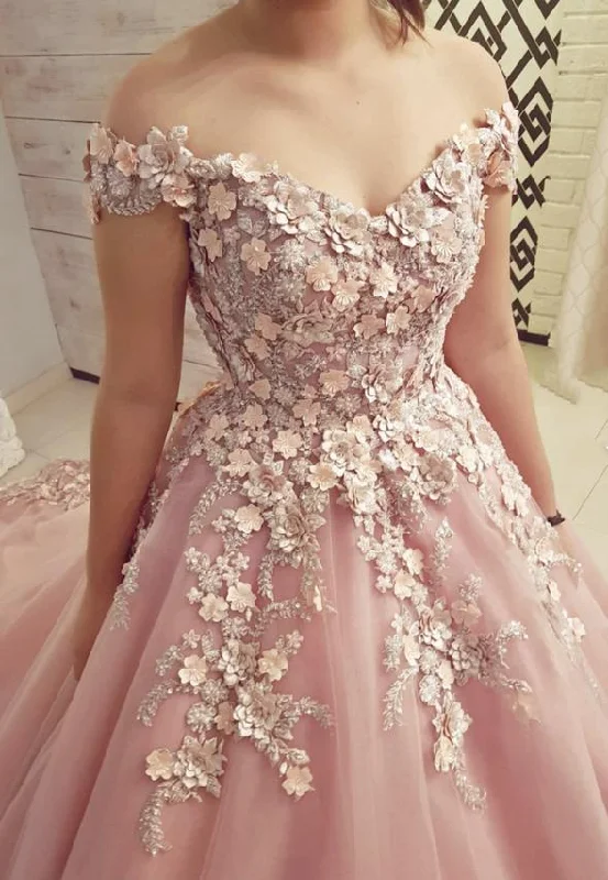 Pink tulle appliqué long ball gown dress formal dress C1348