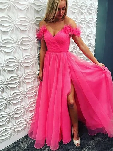 Chic A-line Off-the-shoulder Long Prom Dresses Tulle Evening Dress KPS25250