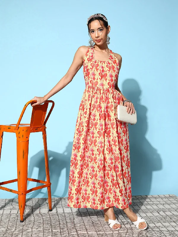 InWeave Women's Orange Paisley Print Raisa Back Detail Dress