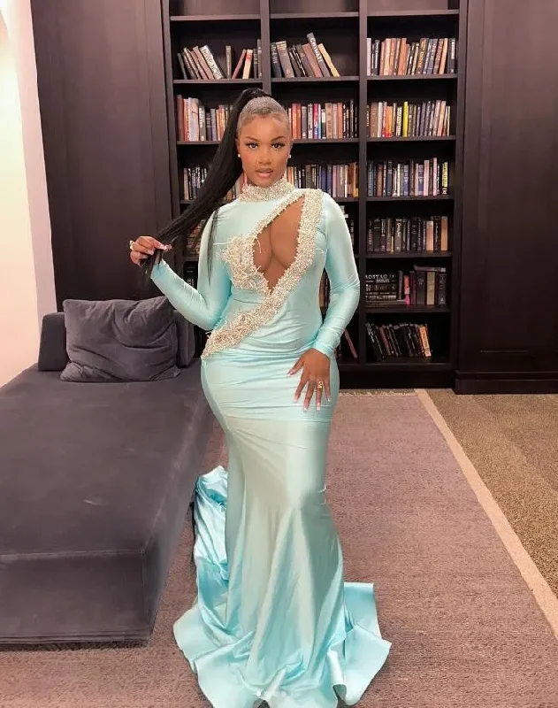 Ice Blue Mermaid Prom Birthday Dresses for Black Girl Long Sleeve Sparkly Crystal Beaded Sexy Hole Evening Birthday Gala Gown Ice Blue Mermaid Prom Birthday Dresses for Black Girl Long Sleeve Sparkly Crystal Beaded Sexy Hole Evening Birthday Gala Gown