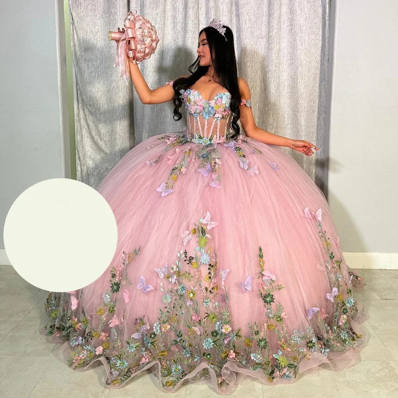 Pink Princess Lace Appliques Bow Beading Tull Off The Shoulder Quinceanera Dresses Girls Ball Gown Sweet Vestidos De 15 Años Pink Princess Lace Appliques Bow Beading Tull Off The Shoulder Quinceanera Dresses Girls Ball Gown Sweet Vestidos De 15 Años