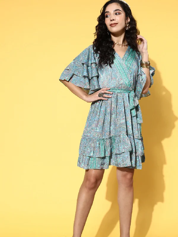InWeave Women's Sparky Blue Ruffled Tie Up Dress