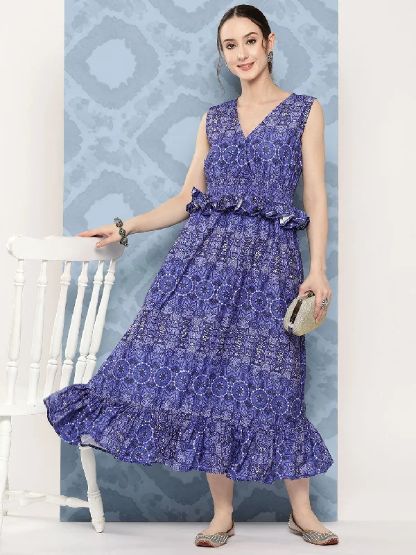 InWeave Women's Blue Floral Paisley Print Long Frill Dress