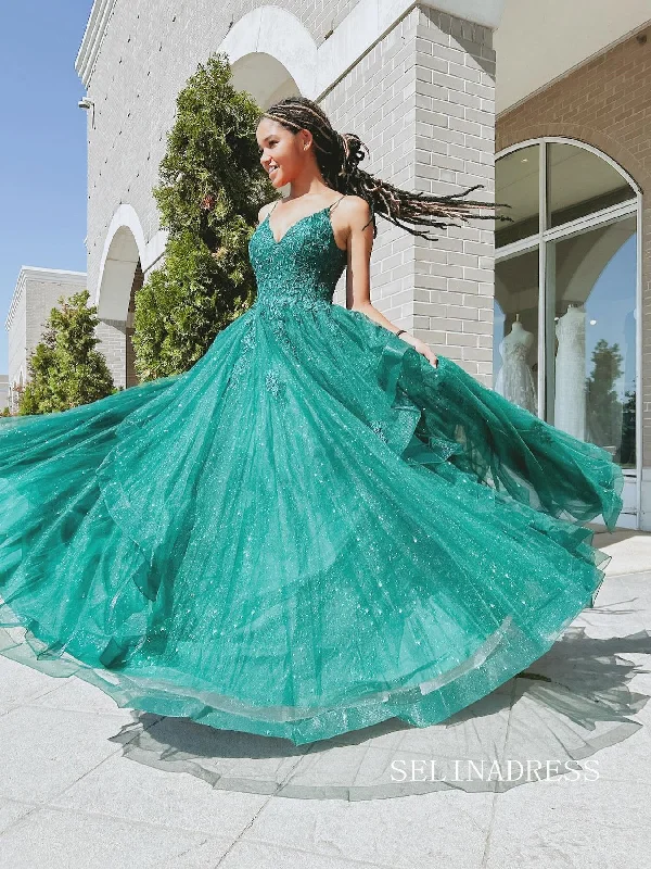Elegant Spaghetti Straps Green Sparkly Lace Prom Dress Evening Dress SER631