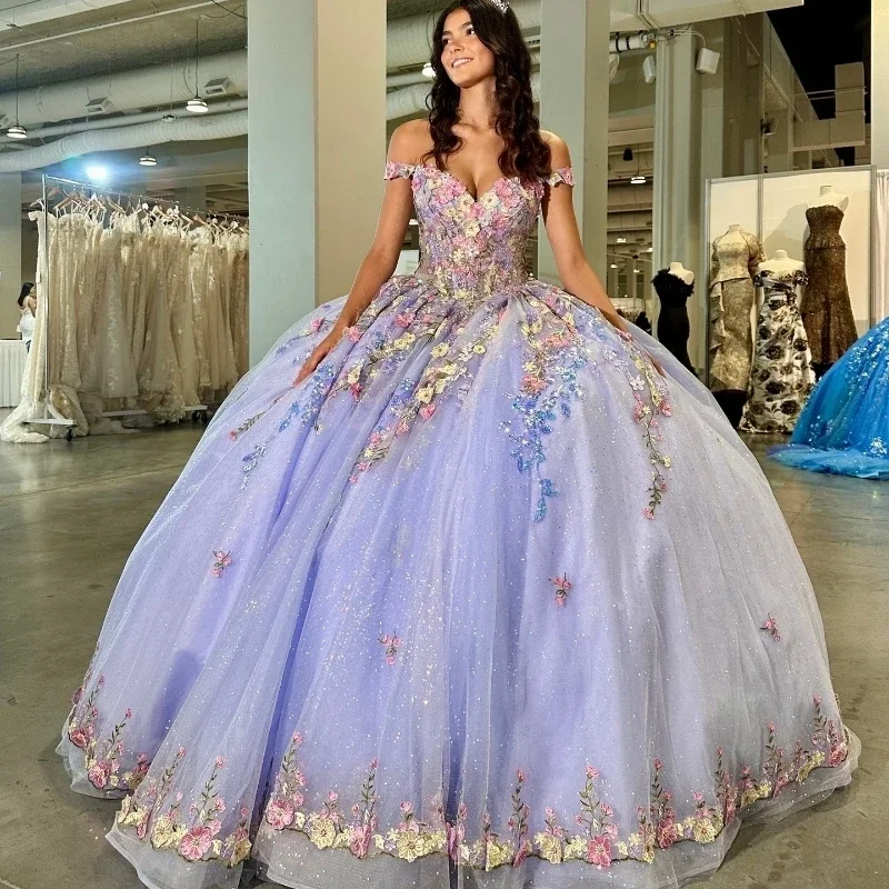 Lavender Shiny Quinceanera Dresses Ball Gown Off Shoulder Applique Flowers Puffy Sweet 16 Dress Celebrity Party Gowns Graduation Lavender Shiny Quinceanera Dresses Ball Gown Off Shoulder Applique Flowers Puffy Sweet 16 Dress Celebrity Party Gowns Graduation