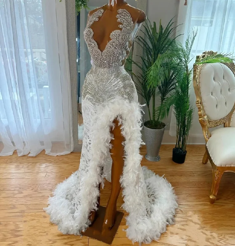 White Feathers Silt Silver Rhinestones Mermaid Prom Dresses 2024 Black Girl African Wedding Evening Dress Sheer Mesh vestidos White Feathers Silt Silver Rhinestones Mermaid Prom Dresses 2024 Black Girl African Wedding Evening Dress Sheer Mesh vestidos