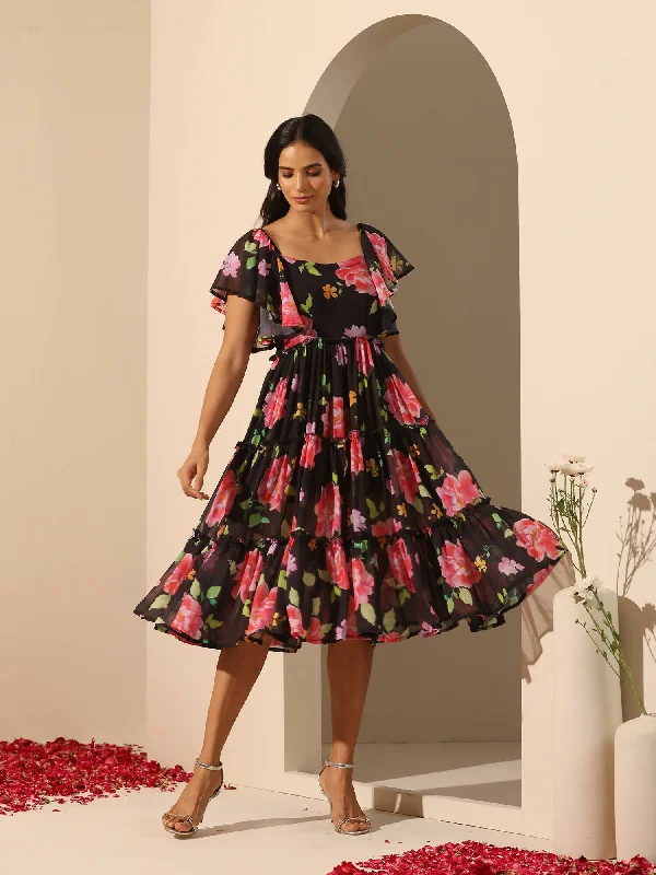 Pomcha Jaipur Black Gul Gulabi Phool 3 Tiered Dress