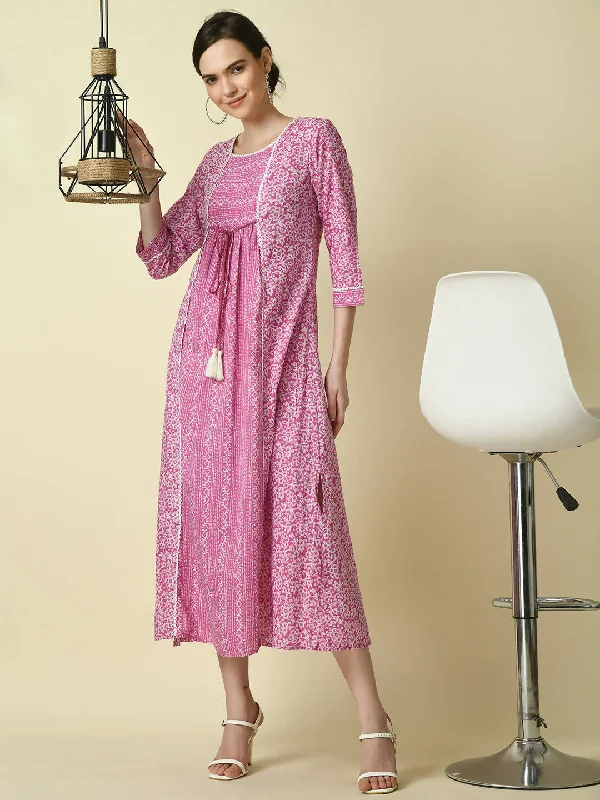 Myshka Women's Pink Floral Printed Gown Dress
