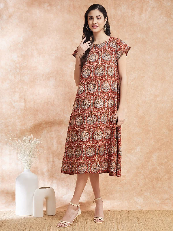 InWeave Women's Maroon Mughal Kalamkari A Line Dress