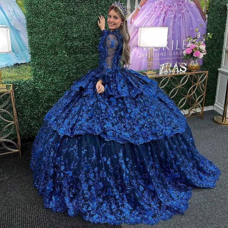 Sparkly Princess Navy Blue Off Shoulder Quinceanera Dresses 2024 Lace Applique Beads Sweet 16 Ball Gown Vestidos De 15 Años Sparkly Princess Navy Blue Off Shoulder Quinceanera Dresses 2024 Lace Applique Beads Sweet 16 Ball Gown Vestidos De 15 Años