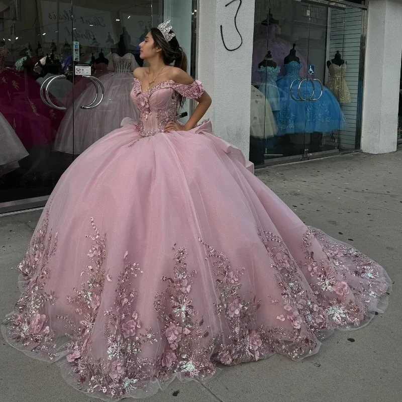 Sparkling Pink Sweetheart Quinceanera Dress 2024 Off the Shoulder Appliques Beads Party Sweet 16 Ball Gown Graduation Prom Gowns Sparkling Pink Sweetheart Quinceanera Dress 2024 Off the Shoulder Appliques Beads Party Sweet 16 Ball Gown Graduation Prom Gowns