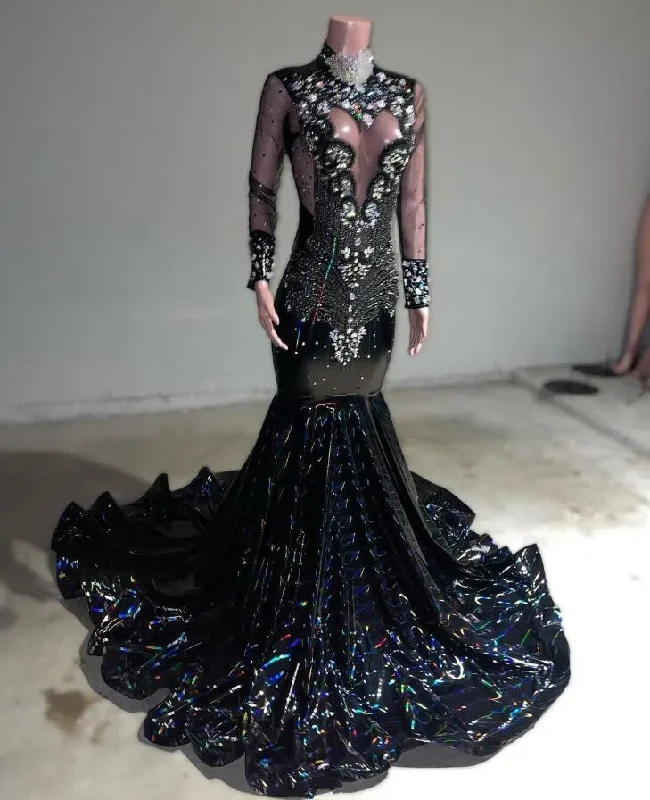Sparkly Mermaid African Prom Formal Dresses for Black Girl Long Sleeve Luxury Diamond crystal Sheer Mesh Evening Birthday Gown Sparkly Mermaid African Prom Formal Dresses for Black Girl Long Sleeve Luxury Diamond crystal Sheer Mesh Evening Birthday Gown