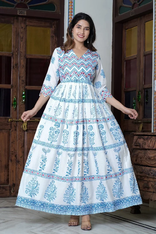 NOZ2TOZ Women Ethnic Motifs Block Printed Mirror Work Maxi Cotton Ethnic Dress - Blue NOZ2TOZ Women Ethnic Motifs Block Printed Mirror Work Maxi Cotton Ethnic Dress - Blue