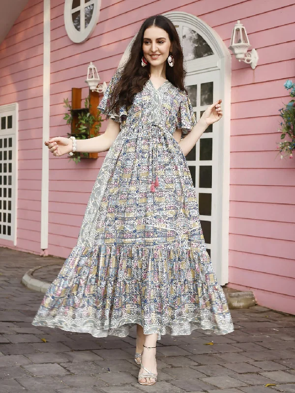 Green Rayon Foil Printed Long Dress - Michan