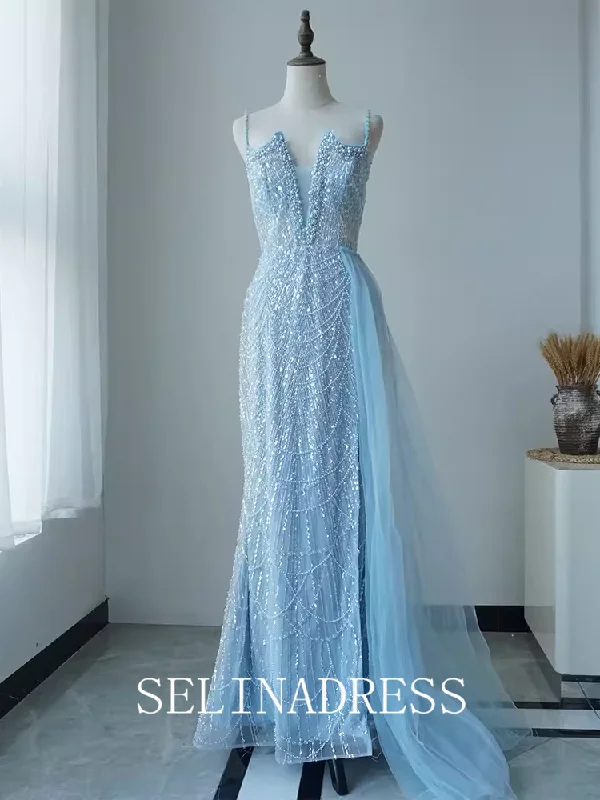 Mermaid Spaghetti Straps Beaded Long Prom Dress Dubai Evening Formal Gown EWR110