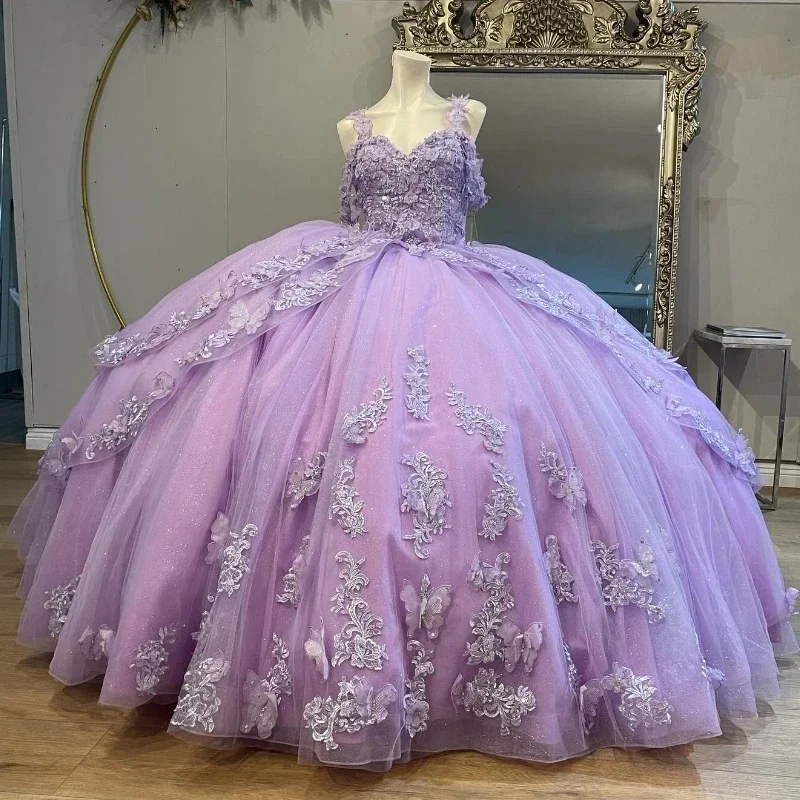 Lavender Sexy Off the Shoulder Ball Gown Quinceanera Dresses Applique Lace Crystal Beading Bow Tull Ribbons Corset Vestido De 15 Lavender Sexy Off the Shoulder Ball Gown Quinceanera Dresses Applique Lace Crystal Beading Bow Tull Ribbons Corset Vestido De 15