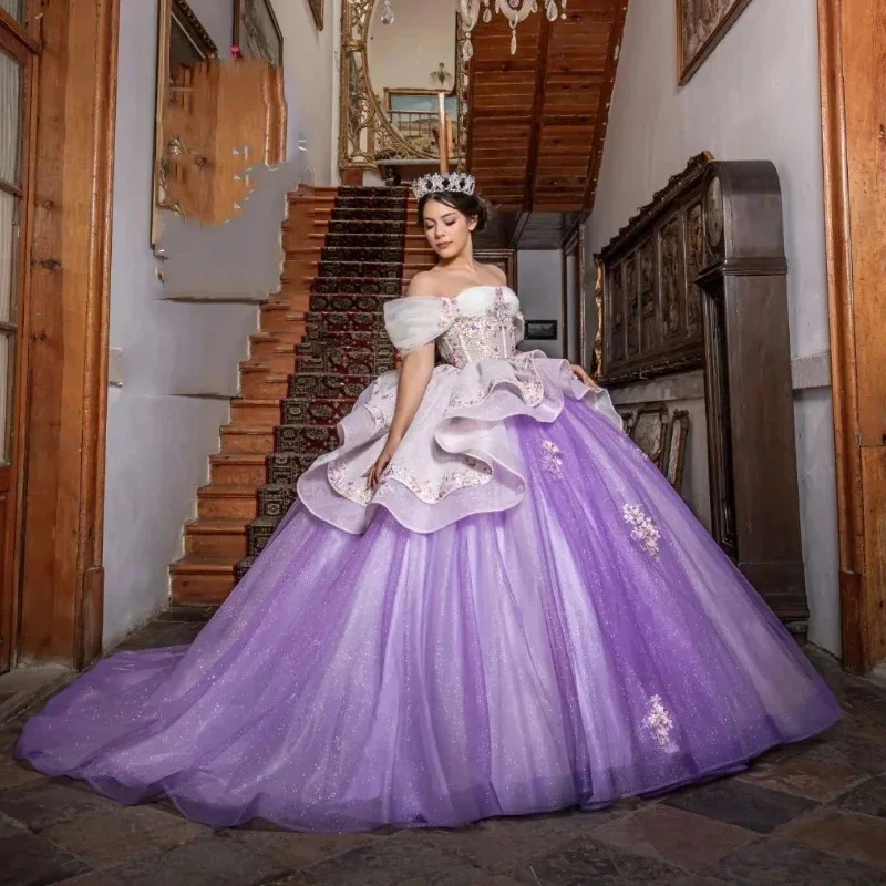 Purple Shiny Ball Gown Quinceanera Dress Sweet 15 16 Years Old Birthday Party Wear Sweetheart Off Shoulder Princess Long Girls Purple Shiny Ball Gown Quinceanera Dress Sweet 15 16 Years Old Birthday Party Wear Sweetheart Off Shoulder Princess Long Girls