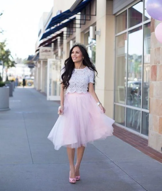 Two Piece Tulle Homecming Dress, Top White Lace Homecoming Dress c3229