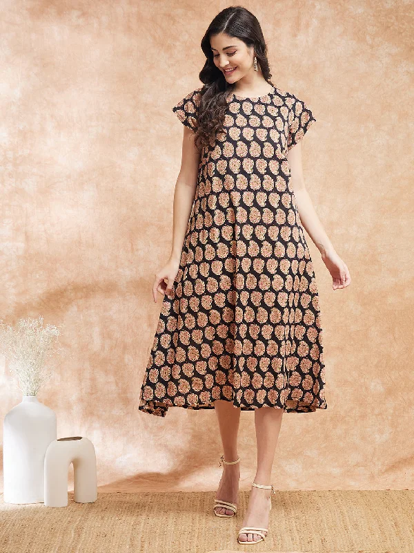 InWeave Women's Black Small Paisley Kalamkari A Line Dress