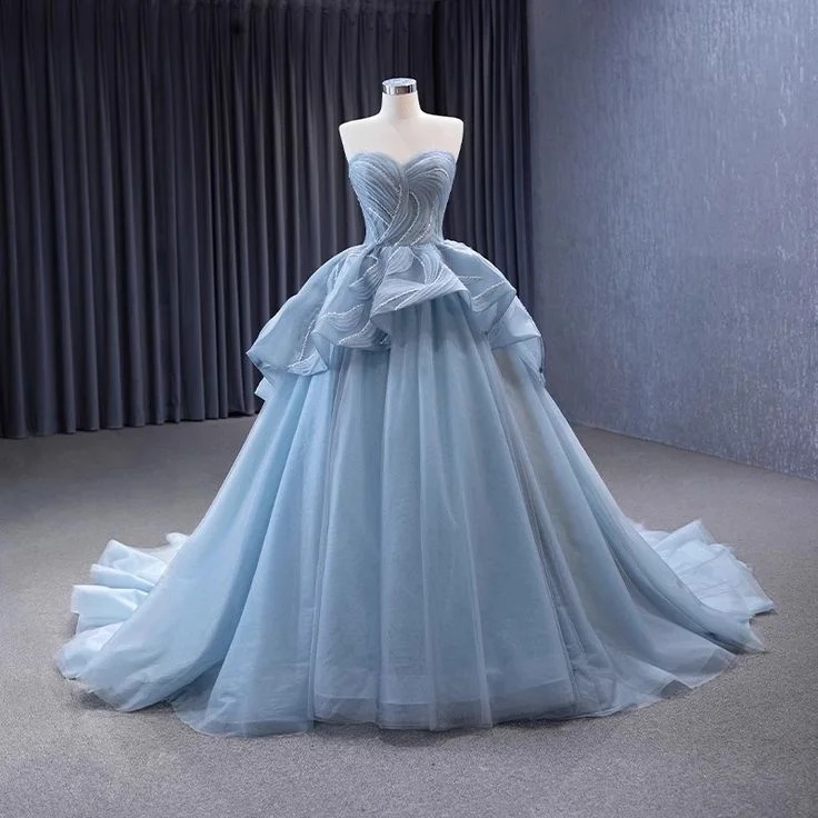 High-End Blue Beading Tulle Cascading Ruffles Prom Dress New Ball Gown  cc1768