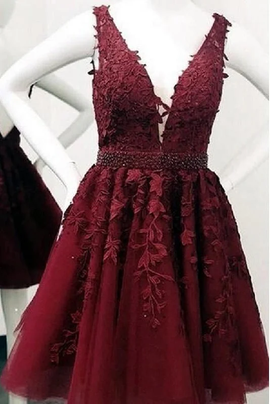 Cute Red Lace Appliques Homecoming Dresses V Neck Tulle Above Knee Short Prom Dress c2747 Cute Red Lace Appliques Homecoming Dresses V Neck Tulle Above Knee Short Prom Dress c2747