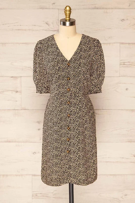 Frona Cheetah | Puffed Sleeves Button Up Dress