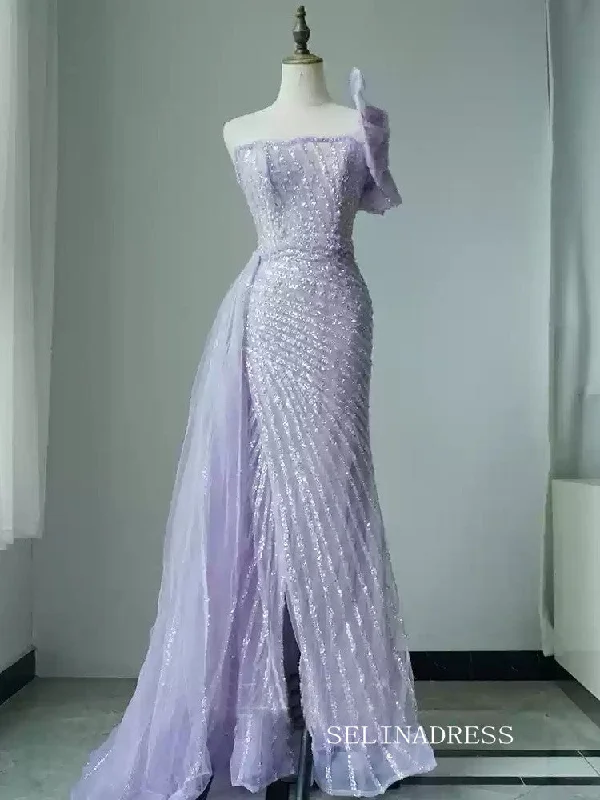 Mermaid Strapless Lilac Long Prom Dress Beaded Evening Gowns CN006