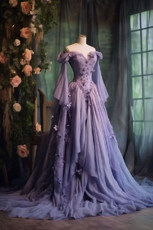 Purple Tulle One Shoulder Prom Dress Fairy 3D Floral Appliques Sweet 16 Ball Gown cc1587 Purple Tulle One Shoulder Prom Dress Fairy 3D Floral Appliques Sweet 16 Ball Gown cc1587