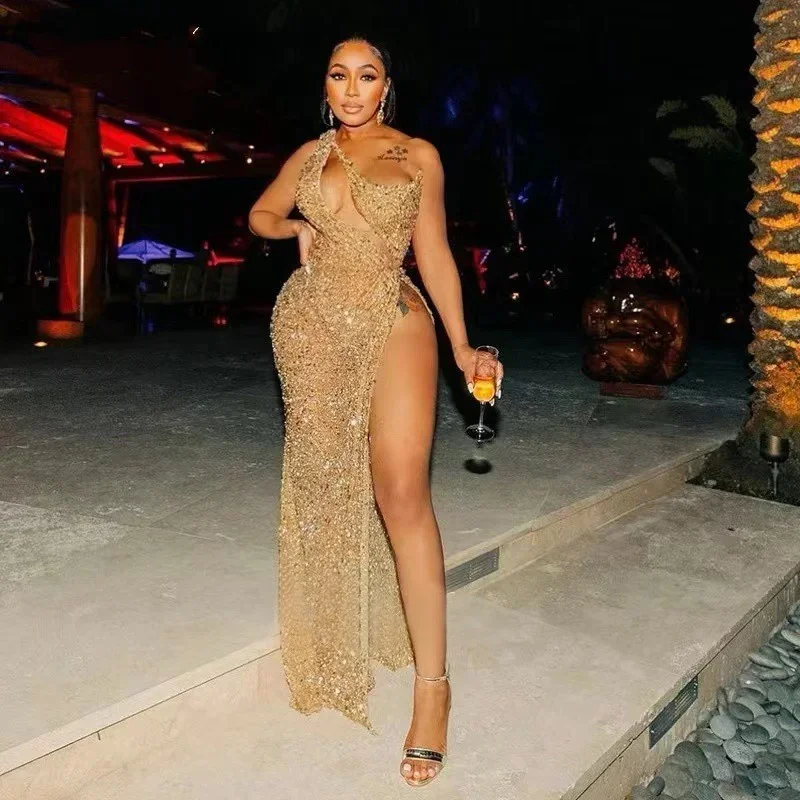 Sexy Gold One Shoulder Mermaid Evening Dresses High Slits Sequin Floor Length African Prom Birthday Party Gowns